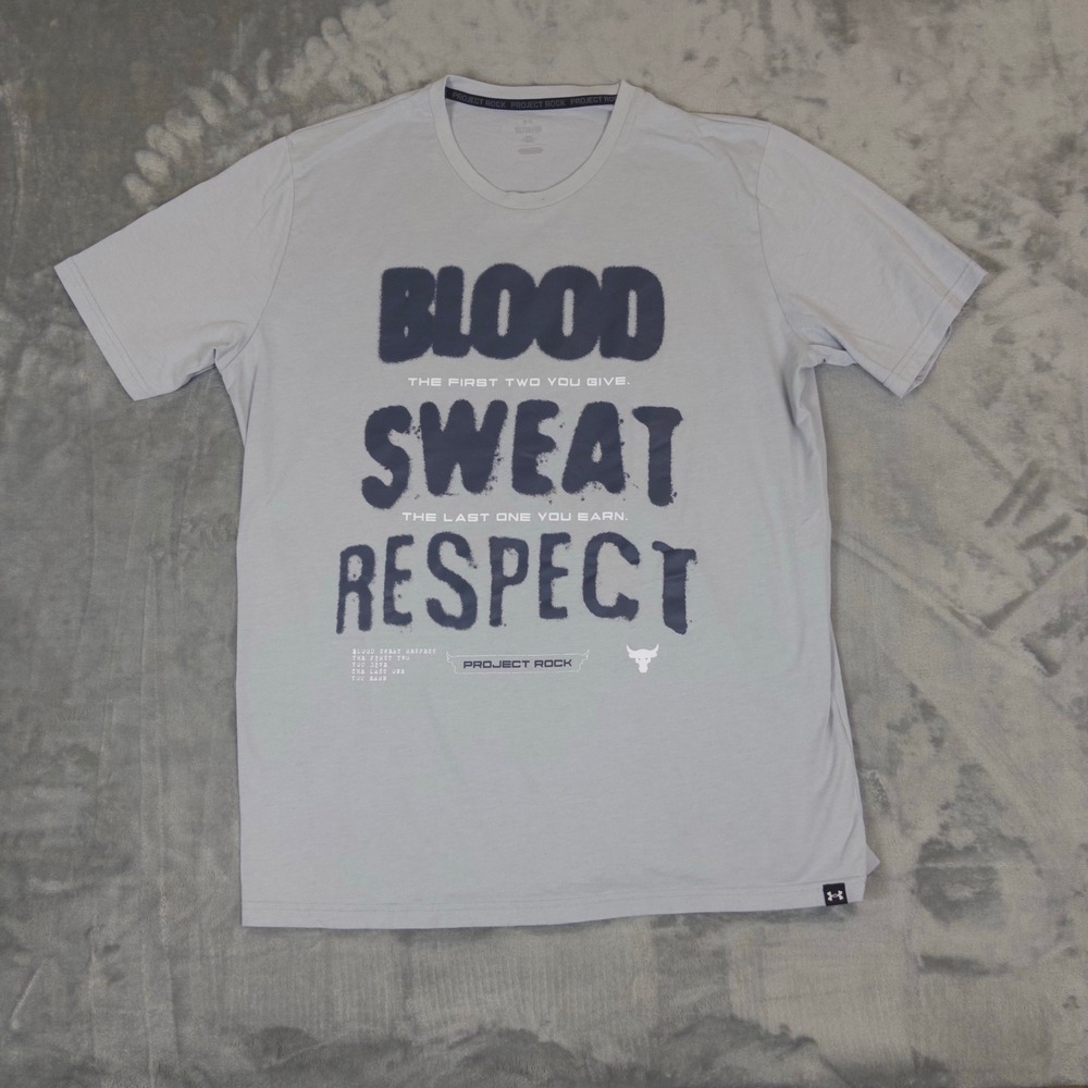 Under Armour Project Rock T-Shirt Mens XL Gray Blood Sweat Respect Gym Tee